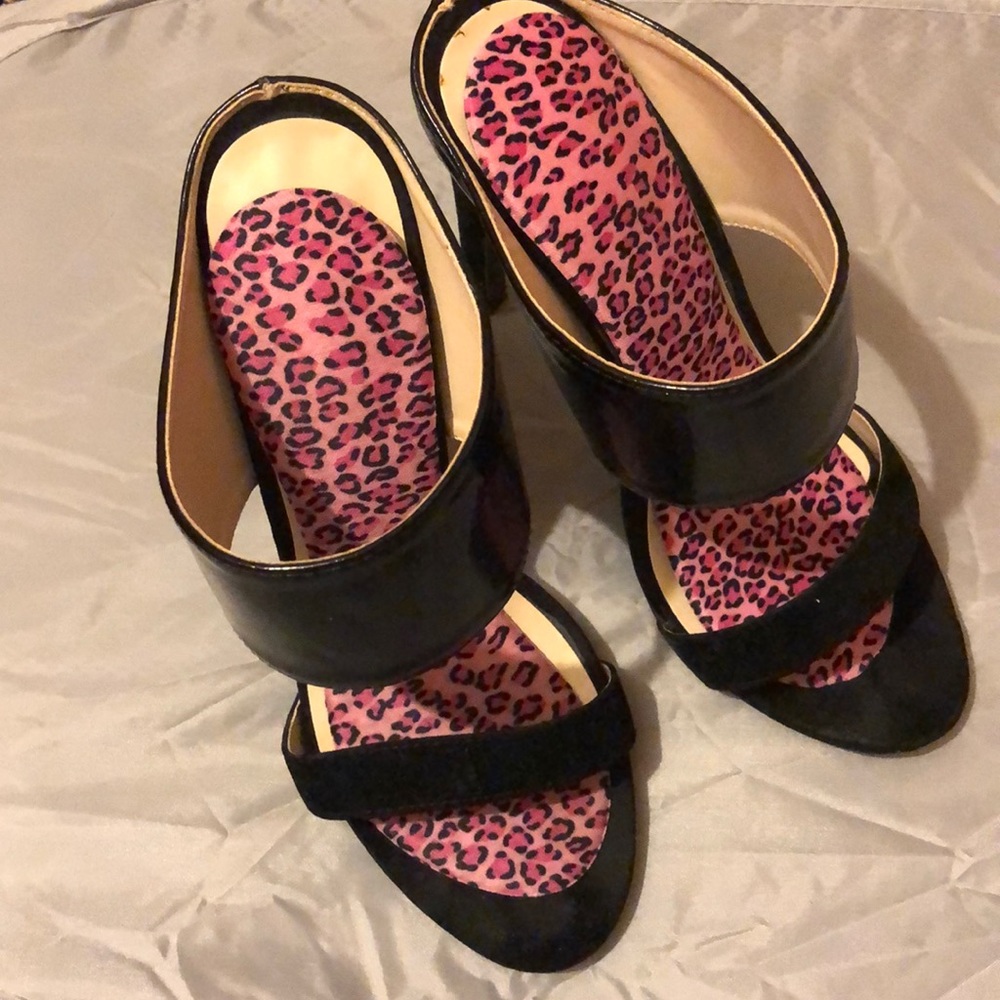 Black  High heel open toe shoes leather and suede